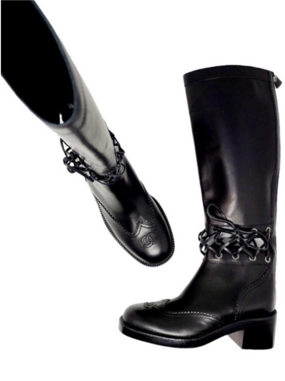 CHANEL Lagerfeld Fall 2016 Black Leather Knee High Laced Equestrian Riding Boot - Picture 10 of 14